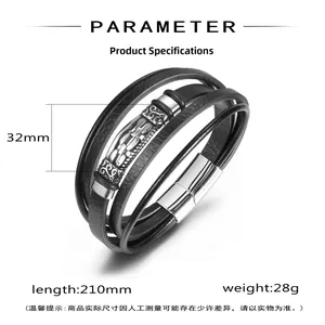 Detail view of multi-layer black leather bracelet with silver accents and 210mm dimensions