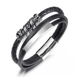 Bracelet Homme Vintage en Cuir Tressé Multi-rangs Avec Motif Dragon en Acier Inoxydable Fermoir Magnétique Bijoux Hip Hop Punk