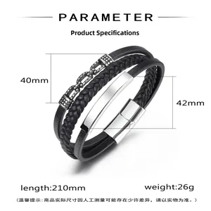Detail view of multi-layer leather bracelet showing size specs and magnetic steel clasp