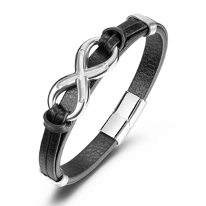 Men Infinity Symbol Titanium Steel Leather Bracelet Multilayer Braided Genuine Leather Wristband With Magnetic Clasp Hip Hop Jewelry