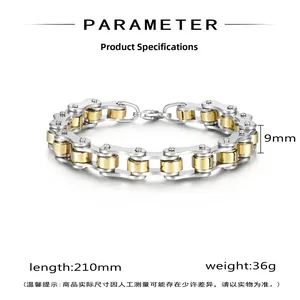 Detail view of 9mm two-tone bike chain bracelet showing dimensions and industrial design