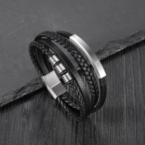 Men's multilayer black braided leather bracelet with brushed steel beads and magnetic clasp