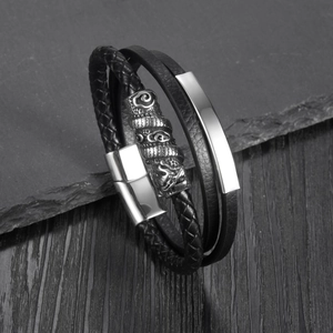 Bracelet multicouche en cuir pour homme avec charme dragon en acier au style rétro