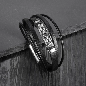Men's multi-layer braided leather bracelet with vintage steel clasp on stone