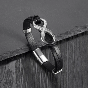 Men's double-wrap black leather infinity bracelet with silver magnetic steel clasp