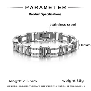 Detail view of 10mm wide stainless steel biker chain bracelet with dimension markings