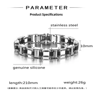 Detail view of 210mm motorcycle chain bracelet in stainless steel and black silicone