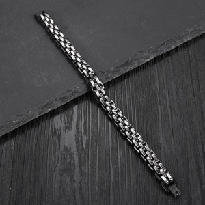 Polished silver and black titanium steel watch-band style men's bracelet with folding clasp