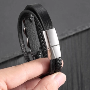 Men's multilayer black braided leather bracelet with infinity symbol and silver metal clasp