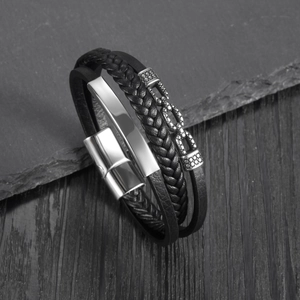 Men's retro multilayer braided leather bracelet with anchor motif and steel magnetic clasp