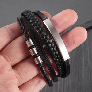 Men's multi-layer black braided leather bracelet with brushed stainless steel metal plate