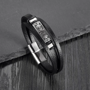 Men's multilayer black leather bracelet with stainless steel cross charm and magnetic clasp