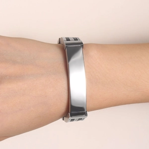 Polished silver stainless steel men's silicone bracelet with black and white side stripes