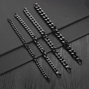 Polished black stainless steel Cuban chain bracelets for men in four different widths