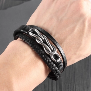 Men's multilayer braided black leather bracelet with silver stainless steel infinity knot buckle