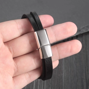 Multi-layer black leather bracelet with rectangular silver titanium steel magnetic clasp