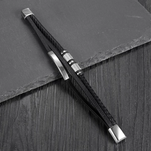 Men's multi-layer black braided leather bracelet with silver magnetic buckle on stone