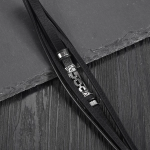 Men's retro multi-layer woven black leather bracelet with vintage steel beads