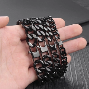 Polished black titanium steel wide flat Cuban link chain bracelet for men with fold-over clasp
