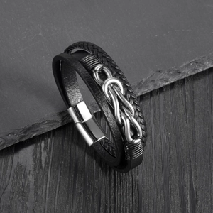 Multi-layer black braided leather bracelet for men with silver infinity knot and magnetic clasp