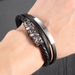 Bracelet multicouche en cuir tressé noir pour homme avec perles en acier à motif dragon