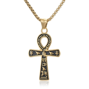 Collier Croix Ankh Égypte Ancienne Acier Inoxydable Hiéroglyphes Rétro Pendentif Religieux pour Homme Bijoux Hip Hop