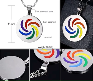 Vue macro du pendentif arc-en-ciel en acier 316L avec détails polis de 41mm de diamètre