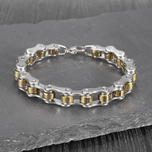 Men's two-tone stainless steel bike chain bracelet with gold and silver links