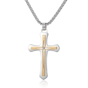 Hip hop two-tone stainless steel cross necklace with center zircon on silver box chain