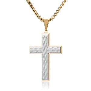 Vintage Titanium Steel Cross Pendant Necklace For Men Retro Two Tone Brushed Stripe Metal Religious Charm Jewelry Gift