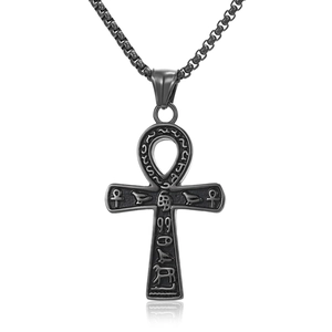 Collier avec pendentif croix Ankh égyptienne pour homme en acier noir avec symboles gravés