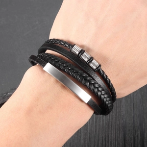 Men's multilayer black braided leather bracelet with silver stainless steel metal accents