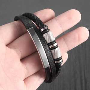 Men's multilayer braided leather bracelet with silver polished steel beads and magnetic clasp