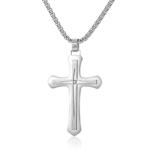 Hip hop silver stainless steel cross pendant necklace with centered diamond accent