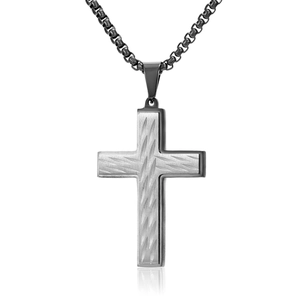Mens cross pendant necklace with textured steel finish and black plated edges on metal chain