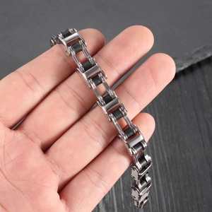 Men's punk motorcycle chain bracelet in silver and black stainless steel finish