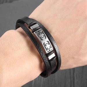 Men's multilayer black leather bracelet with silver Maltese cross steel plate