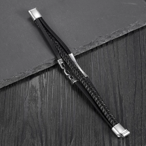 Mens multi-layer black leather bracelet with silver anchor and braided cord design