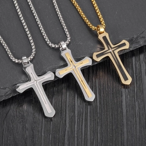 Hip hop stainless steel cross pendant necklace set in silver, gold, and black colors