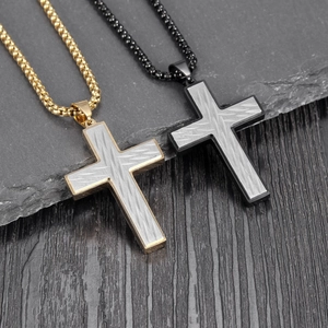 Men's retro cross pendant necklace set in gold and black with brushed metal texture