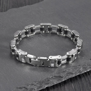 Industrial punk bicycle chain bracelet for men in silver stainless steel and black rubber