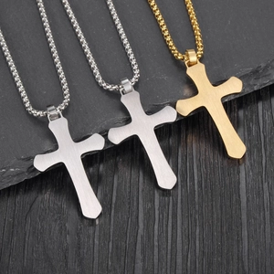 Hip-hop stainless steel cross necklace with brushed metal texture and bead chain