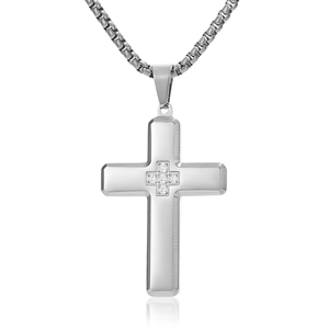 Collana da uomo con croce in acciaio inossidabile lucido e zirconi cubici brillanti