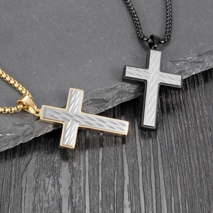Men's retro cross pendant necklaces in gold and black with brushed metal texture