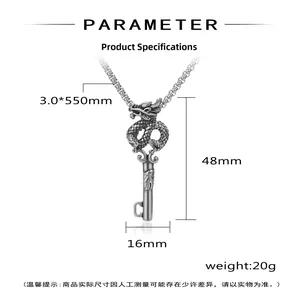 Detailed dimensions of dragon key pendant necklace in 48mm height and 550mm chain length