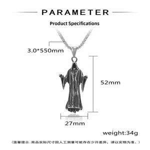 Detailed parameter diagram showing a 52mm reaper pendant on a 550mm titanium steel chain