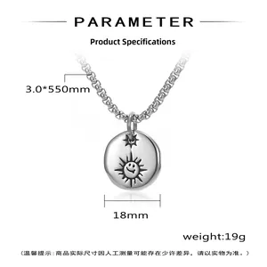 Detailed specs of sun smile pendant showing 18mm diameter and 3.0x550mm steel chain