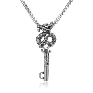 Vintage Chinese Style Dragon Key Pendant Necklace Stainless Steel Gothic Punk Jewelry For Men Women Daily Accessory Gift