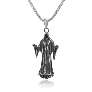 Gothic Stainless Steel Grim Reaper Pendant Necklace Vintage Distressed Dark Ghost Reaper Punk Jewelry For Halloween Party Unisex