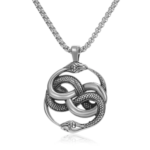 Retro Stainless Steel Double Snake Ouroboros Pendant Necklace For Men Hip Hop Gothic Entwined Serpent Medallion Jewelry